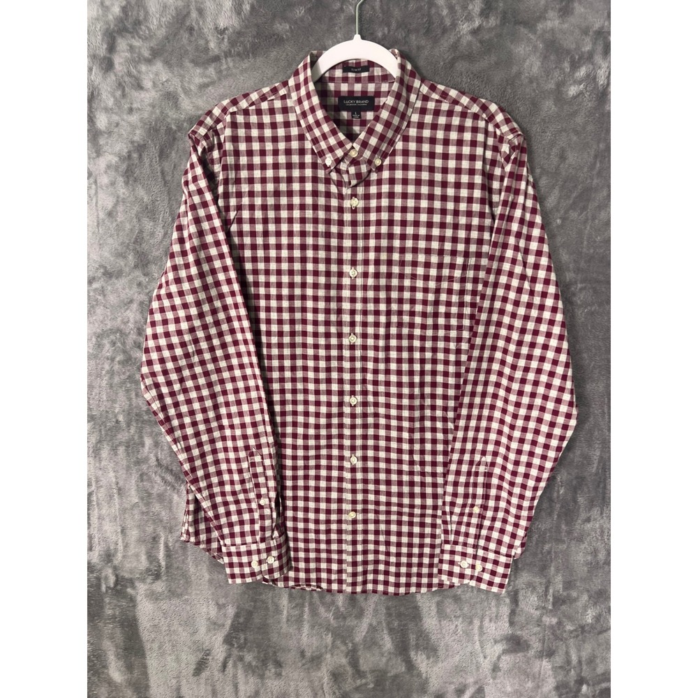Lucky Brand Mens Slim Fit Gingham Button Down Shirt Burgundy White Large